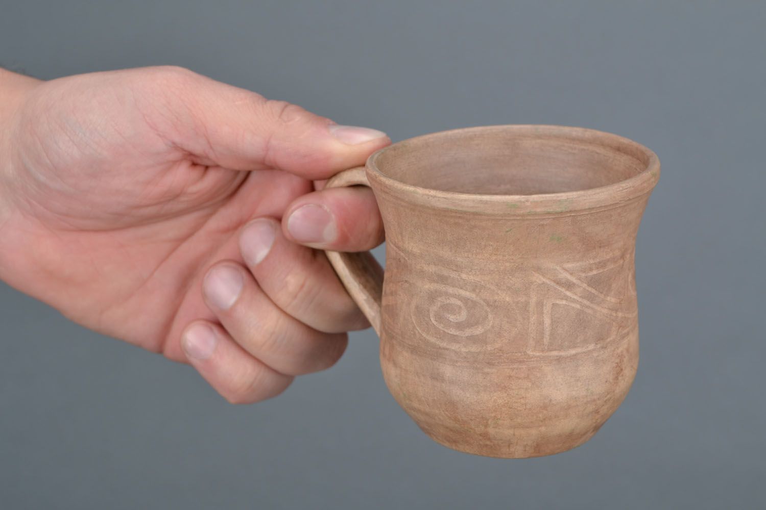 Medium size white clay not glazed tea cup with handle and Greek-style geometric pattern photo 2