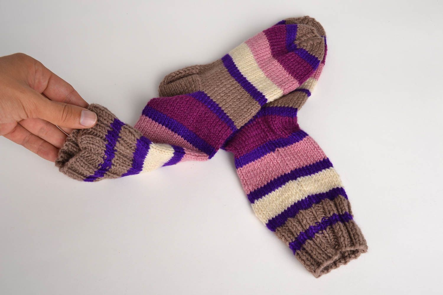 Носки ручной работы шерстяные носки ручной вязки женские носки полосатые теплые фото 5