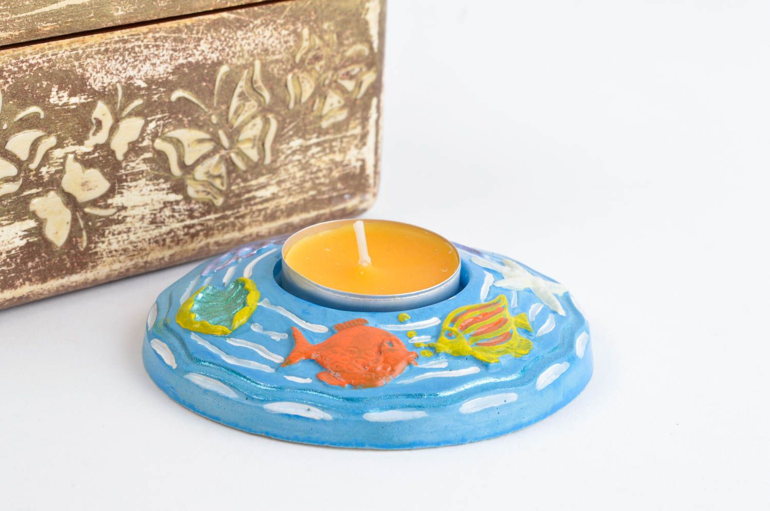 Tea light ceramic hand painted candle holder 3,94 inches, 0,22 lb photo 1