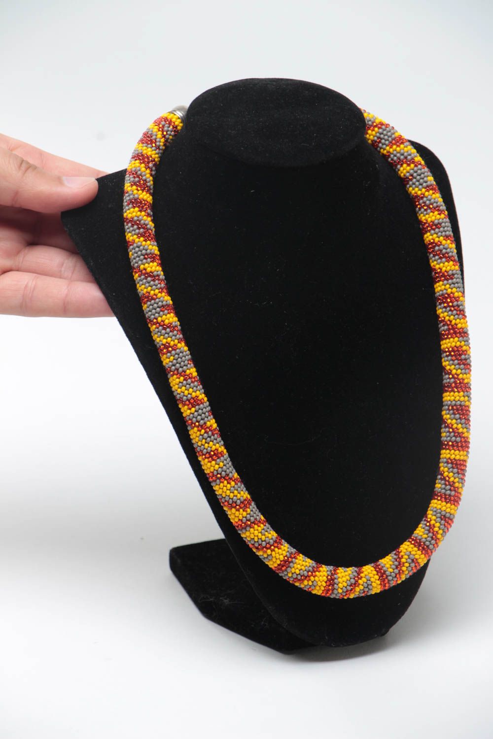 Handmade designer beaded cord necklace in yellow gray and red color combination photo 5
