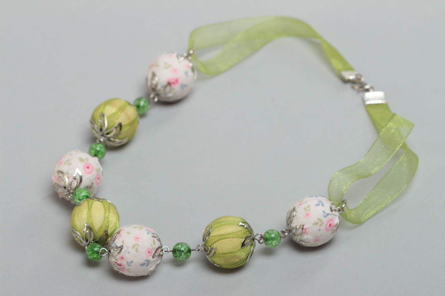 Green handmade children's textile ball necklace with organza ribbon  photo 2