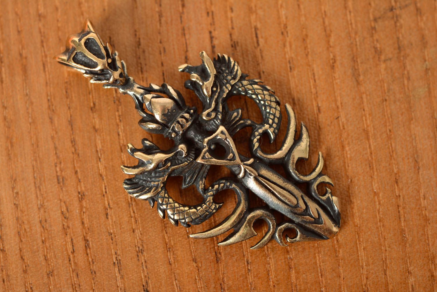 Handmade unisex cast bronze pendant in the shape of dragon sword unisex photo 5