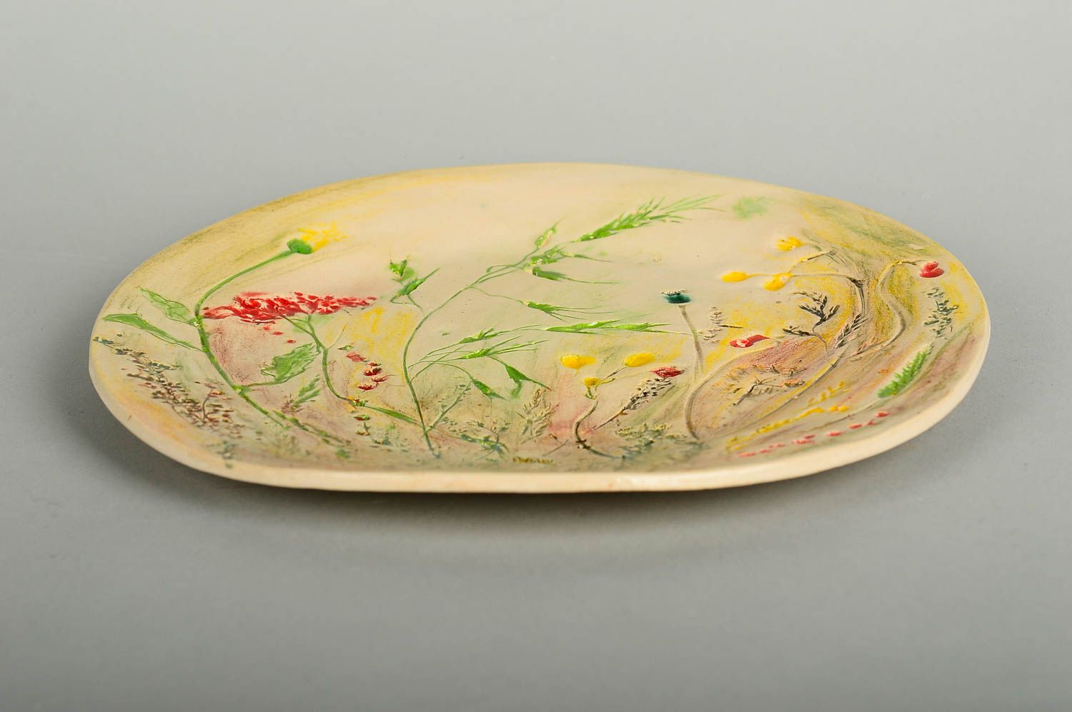 Керамическая тарелка хэнд мэйд глиняная посуда расписная тарелка Цветочное поле фото 3