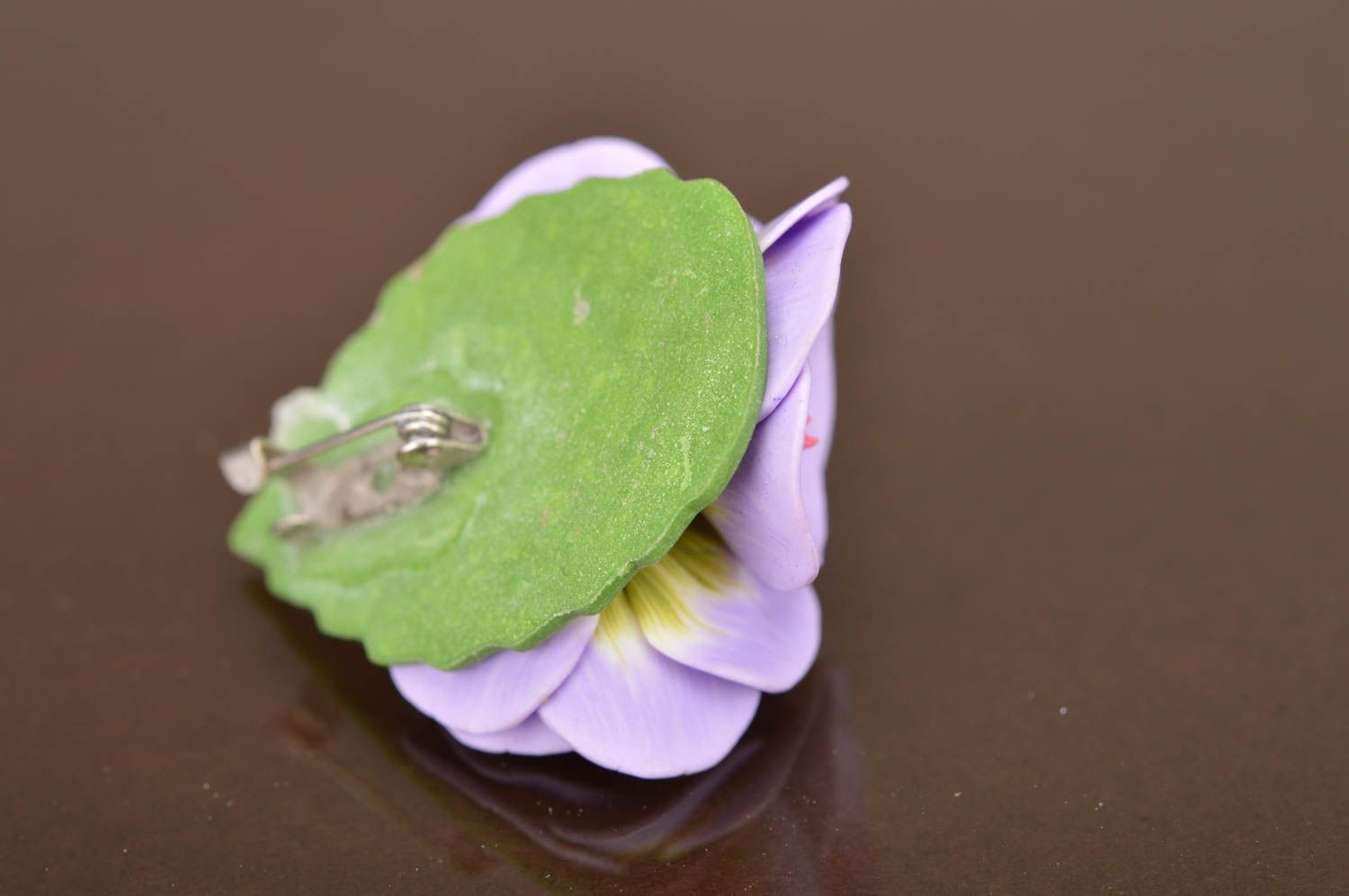 Unusual beautiful handmade designer lilac polymer clay flower brooch photo 4