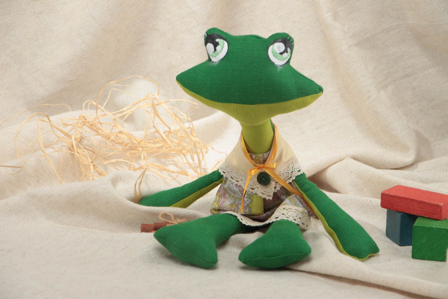 Funny handmade soft toy green frog painted with acrylics sewn of cotton and linen photo 1