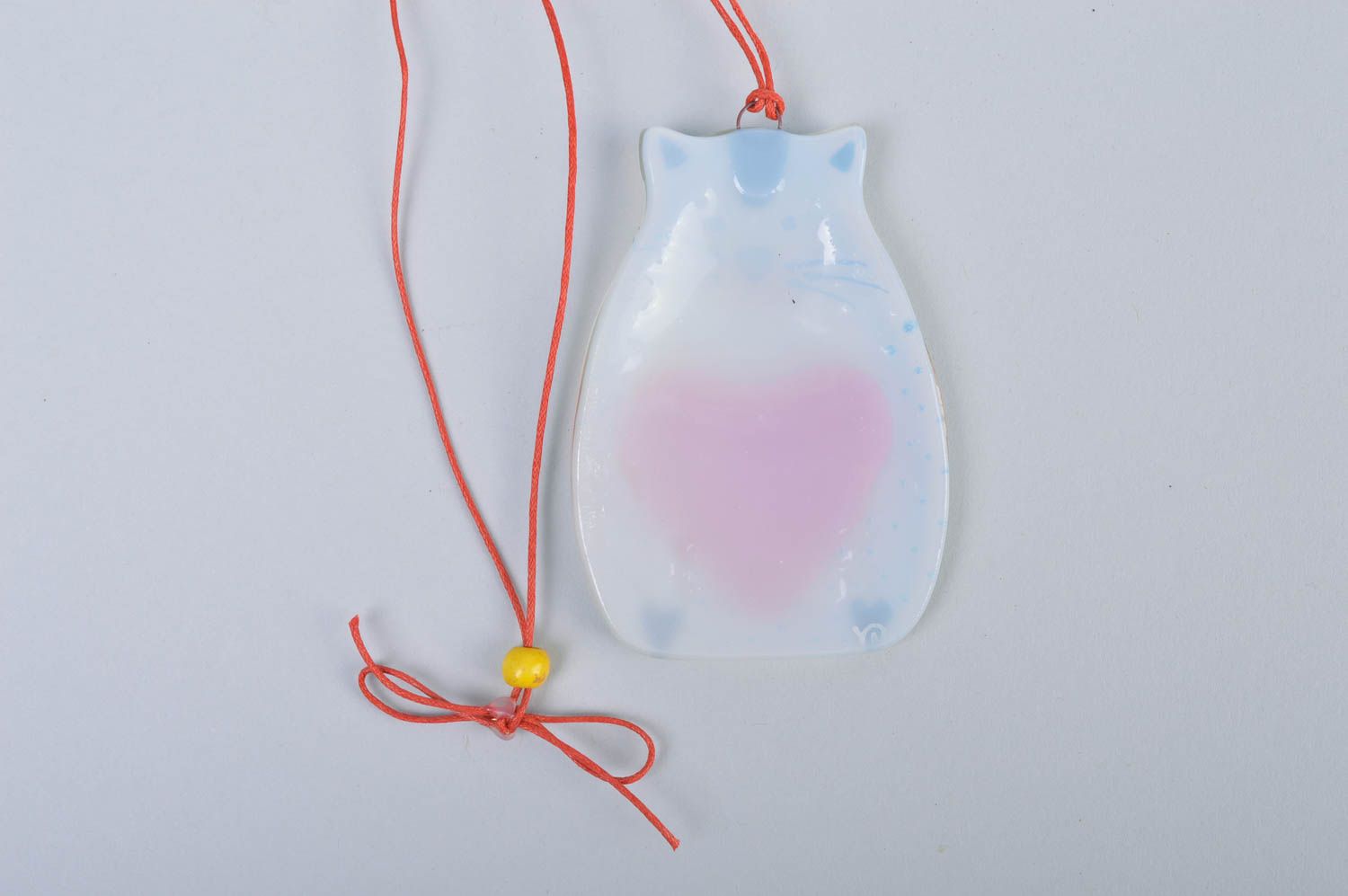 Small handmade designer fused glass decorative wall hanging cat with red heart photo 5