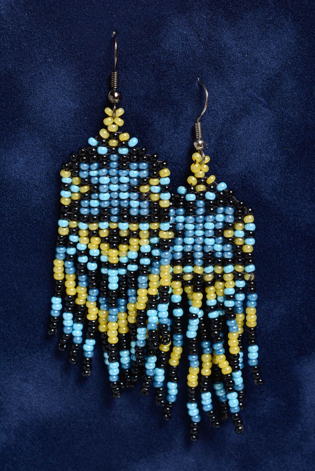 Small handmade designer earrings with beaded fringe and hook ear wires photo 1