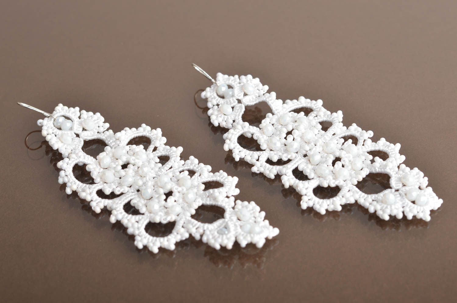 Beautiful white handmade crochet lace earrings with beads and crystals tatting photo 2