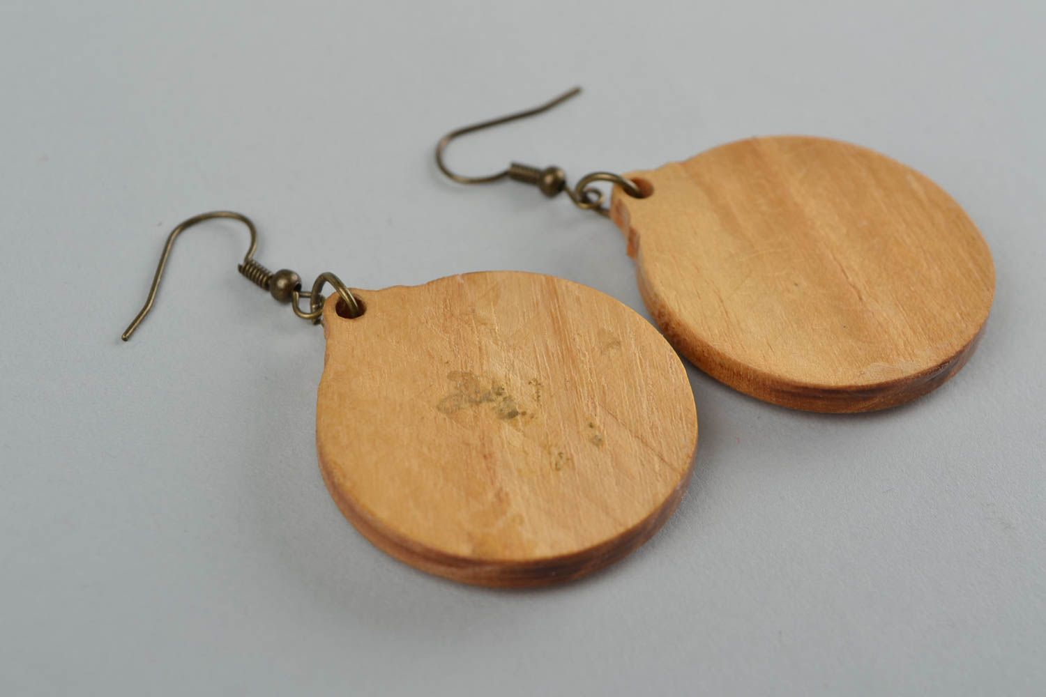 Wooden round handmade ethnic earrings with Cross of Lada the Virgin  photo 5