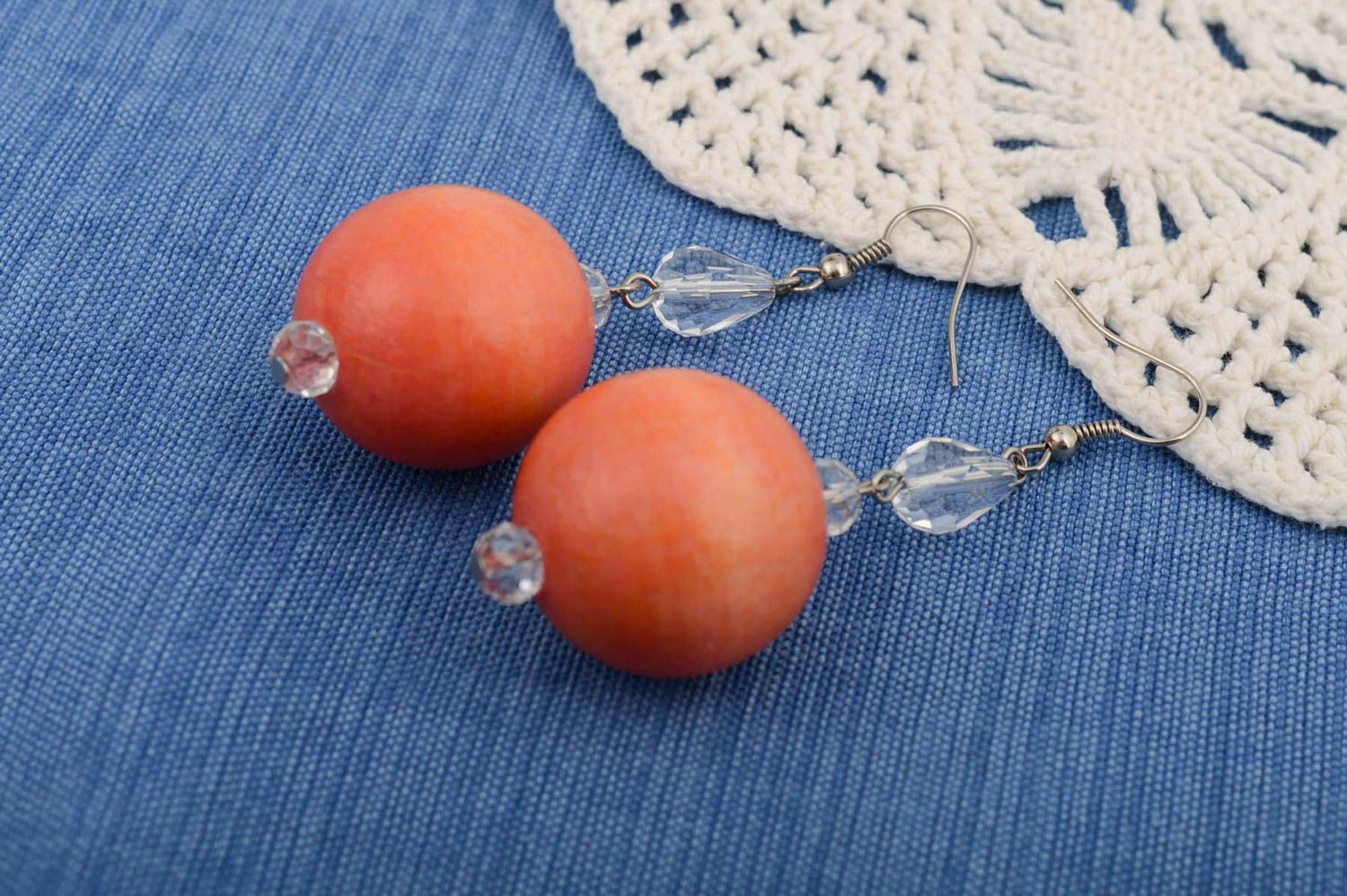 Round earrings with crystal and wooden beads handmade fancy stylish accessory  photo 1