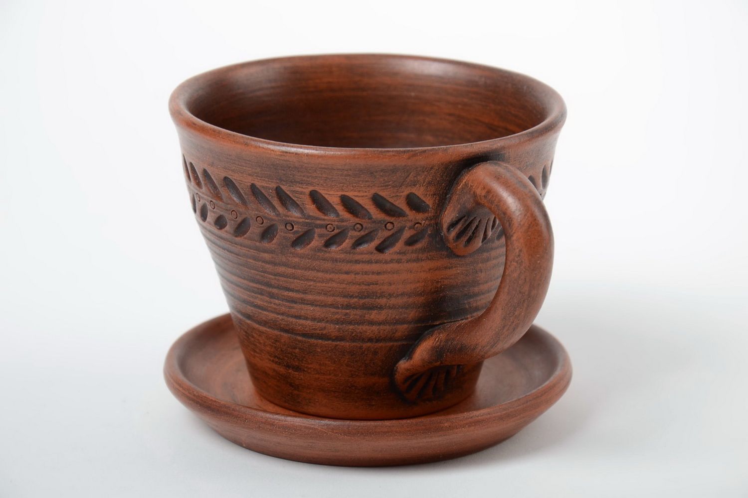 Чашка на блюдце керамическая коричневая объемом 300 мл красивые ручной работы фото 5