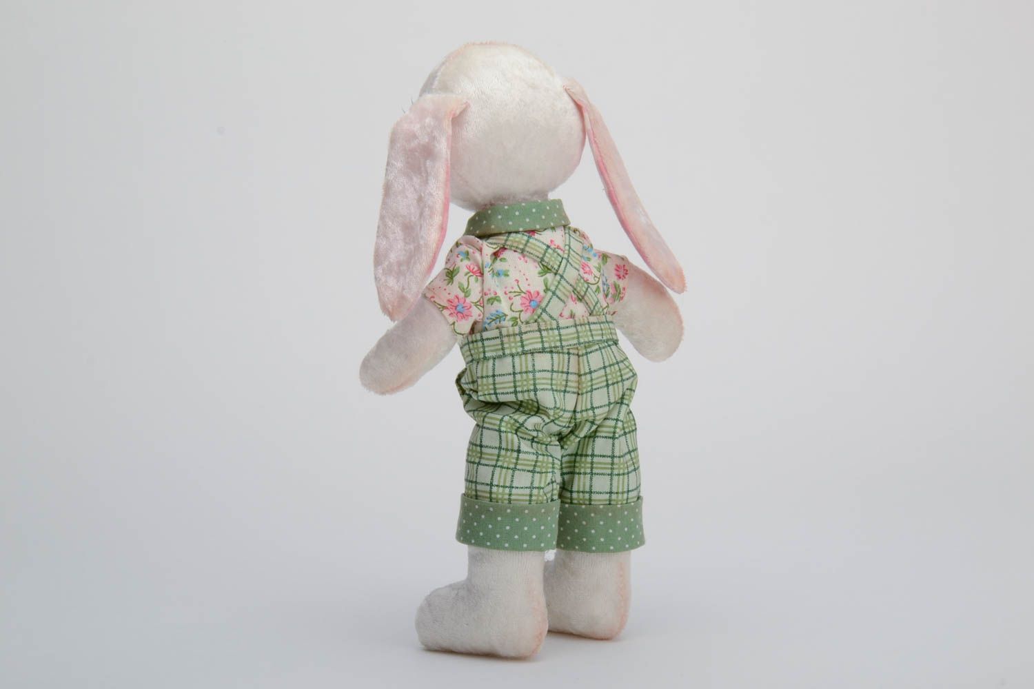 Handmade plush toy rabbit with movable paws in green trousers and floral shirt photo 4