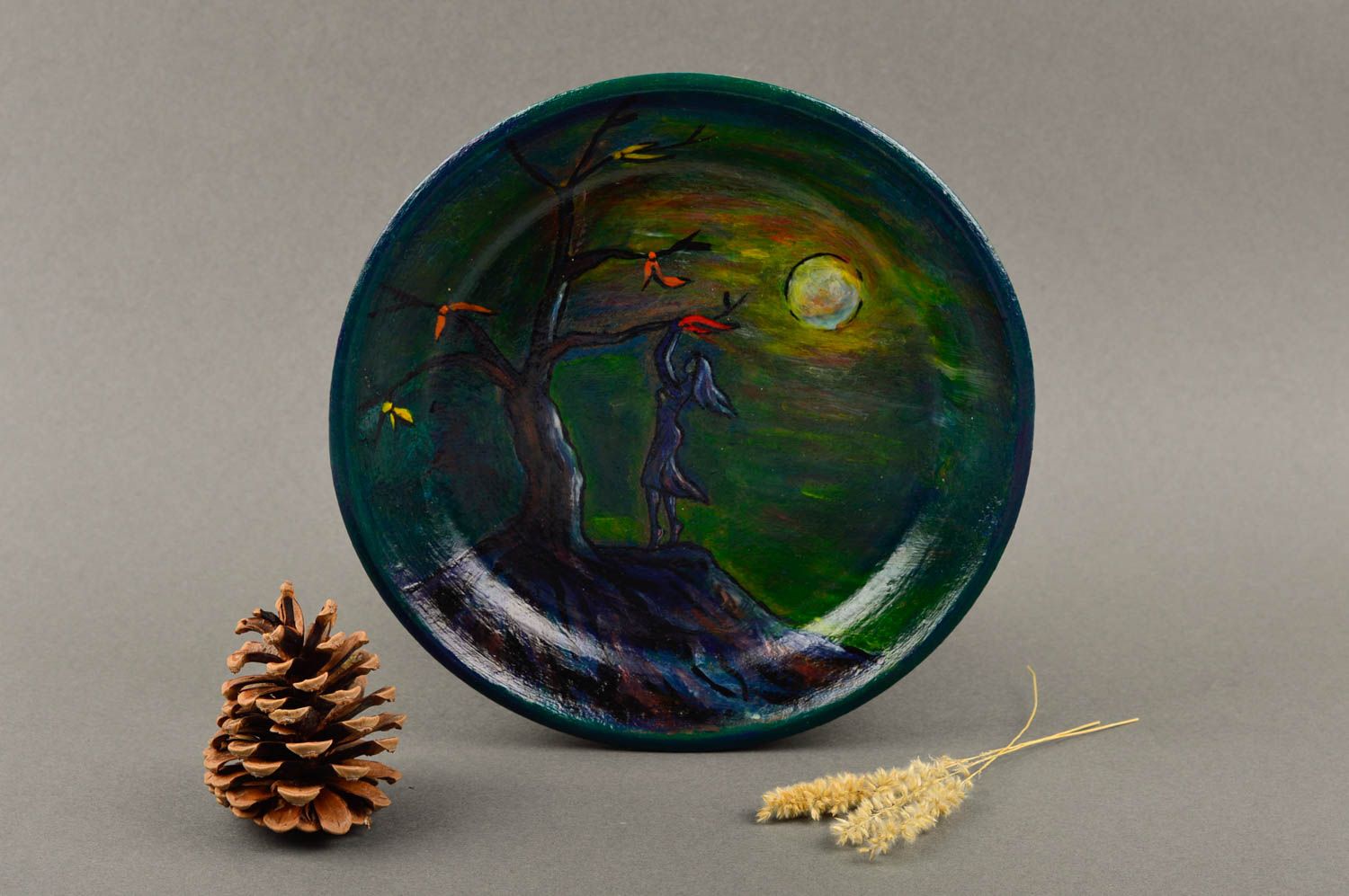 Керамическая тарелка ручной работы расписная тарелка глиняная посуда Ночь фото 1