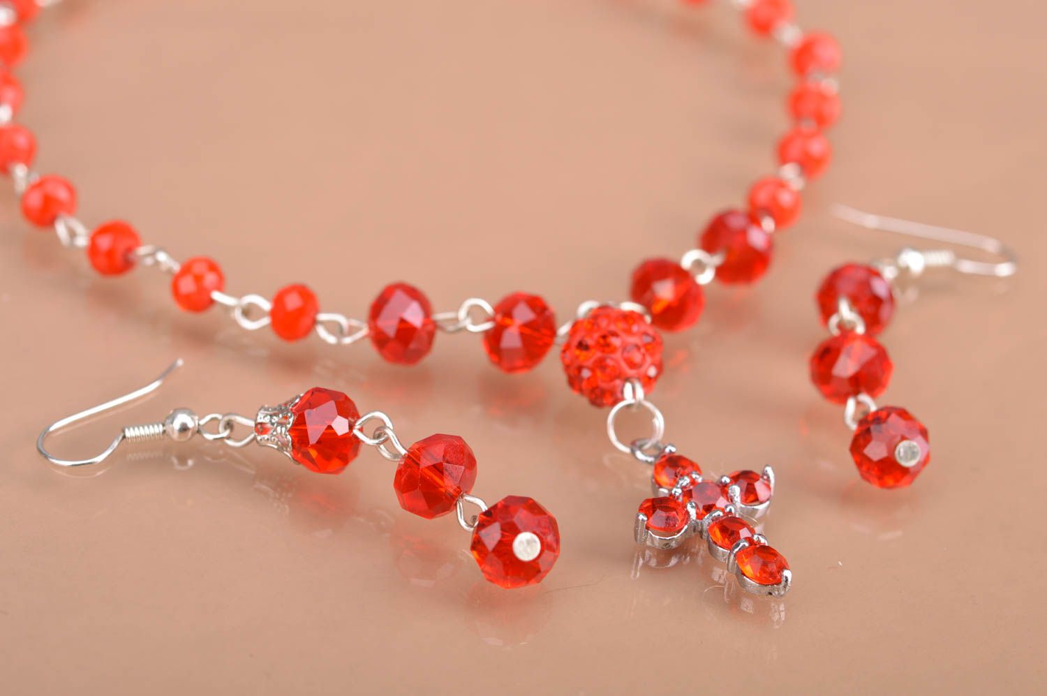 Handmade red beaded jewelry set cross pendant necklace and dangling earrings photo 4