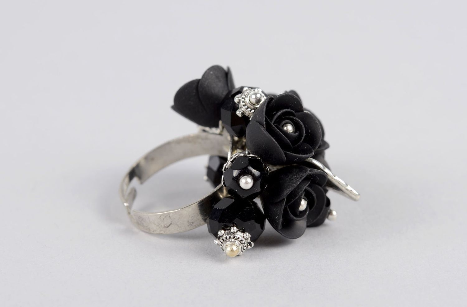 Polymer Schmuck handmade Ring am Finger Blumen Damen Modeschmuck in Schwarz foto 4