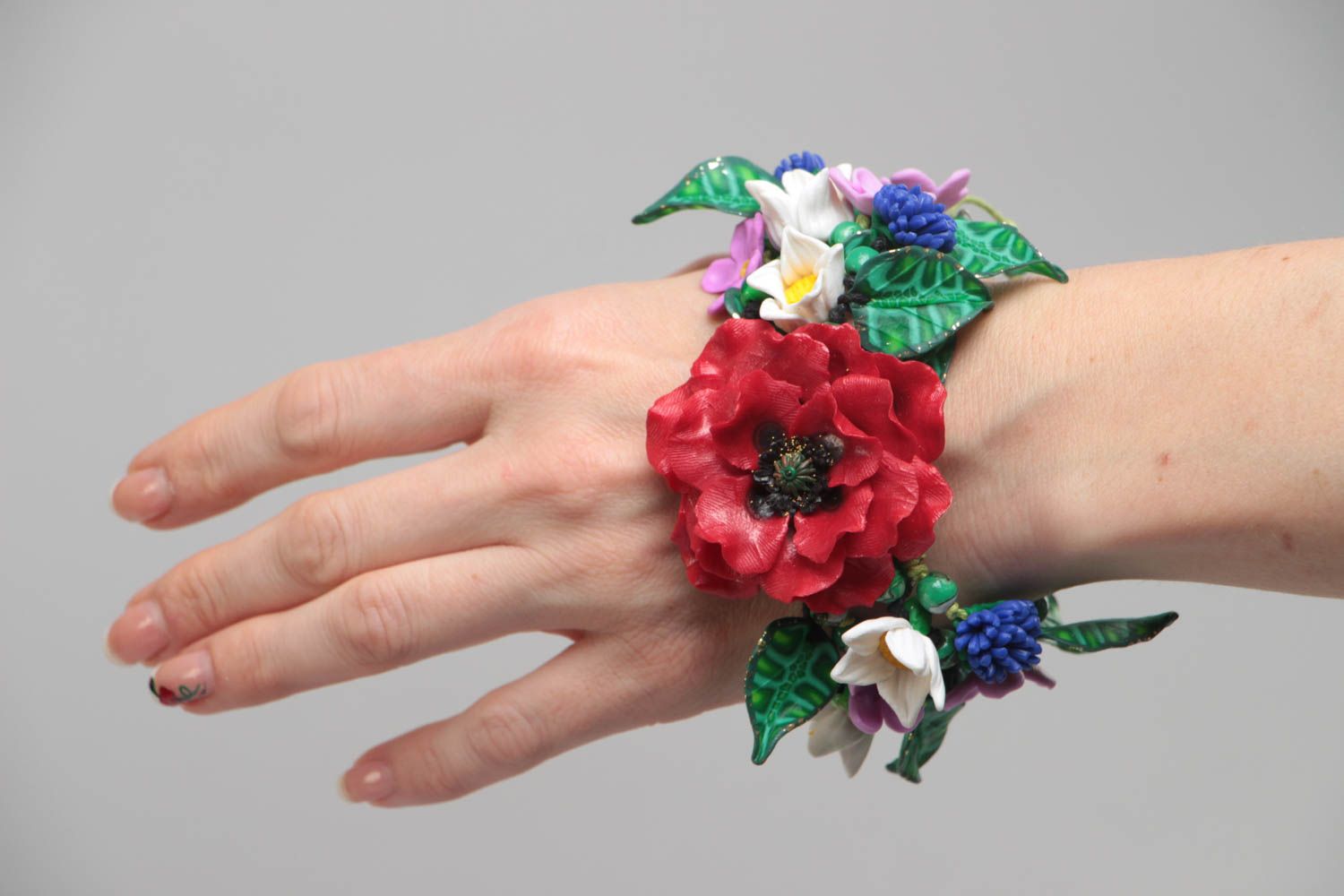 Handmade summer bracelet made of polymer clay with different flowers on chain photo 6