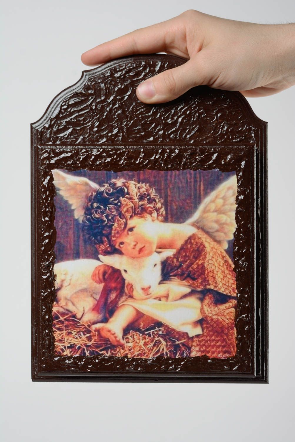 Beautiful handmade decoupage wooden key holder with angel drawing photo 3