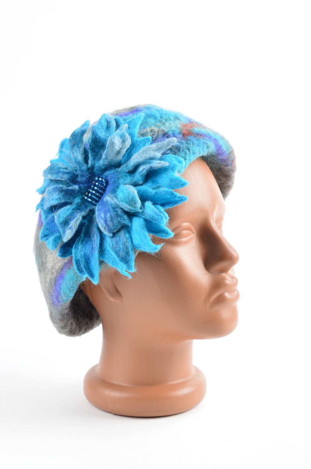 Handmade blue stylish cap woolen unusual hat beautiful winter headwear photo 5