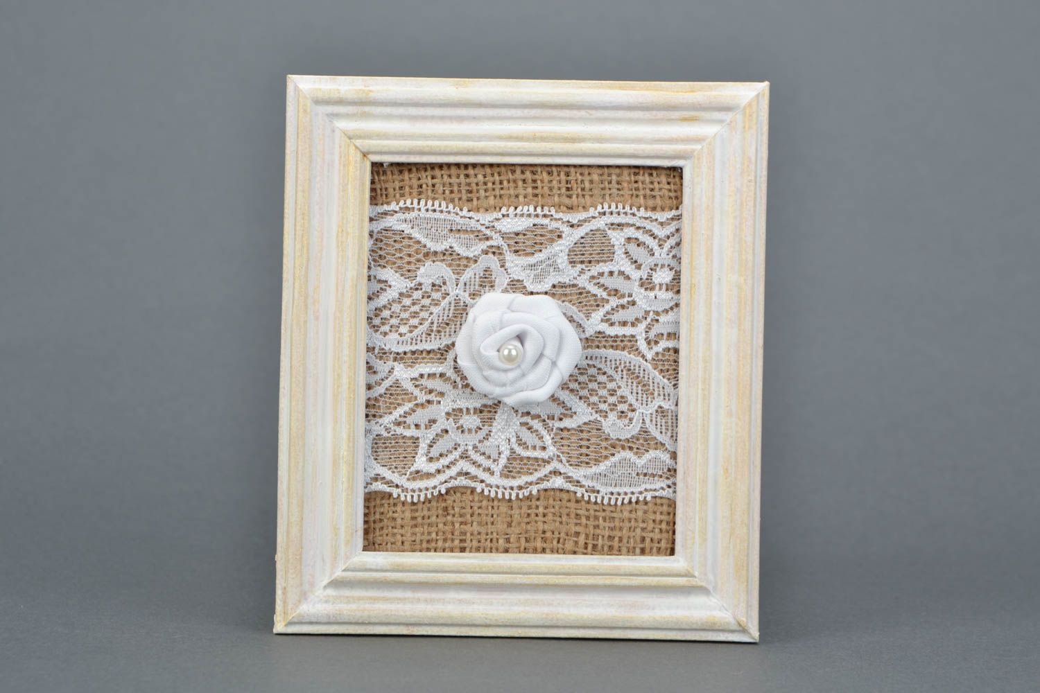 Handmade designer burlap wall hanging panel with fabric rose in wooden frame photo 3