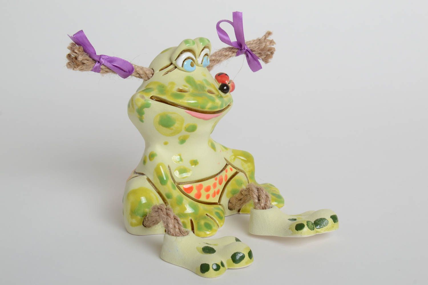 Handmade Keramik Spardose Frosch mit Zöpfen Geschenk für Kinder Haus Deko foto 2