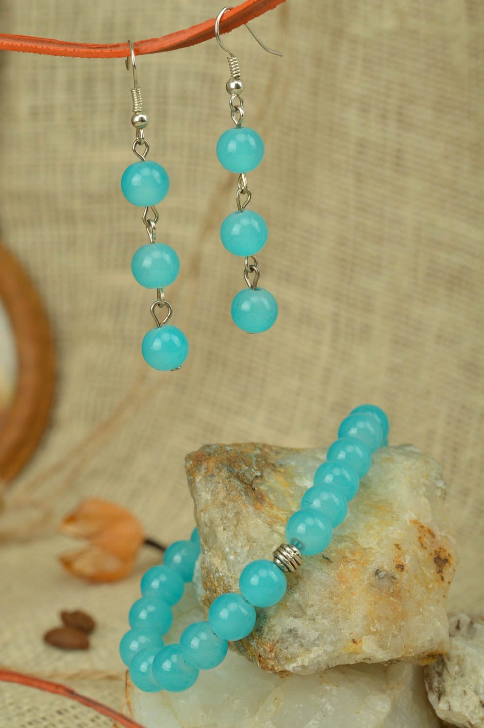 Handmade designer blue beaded jewelry set wrist bracelet and dangle earrings photo 8