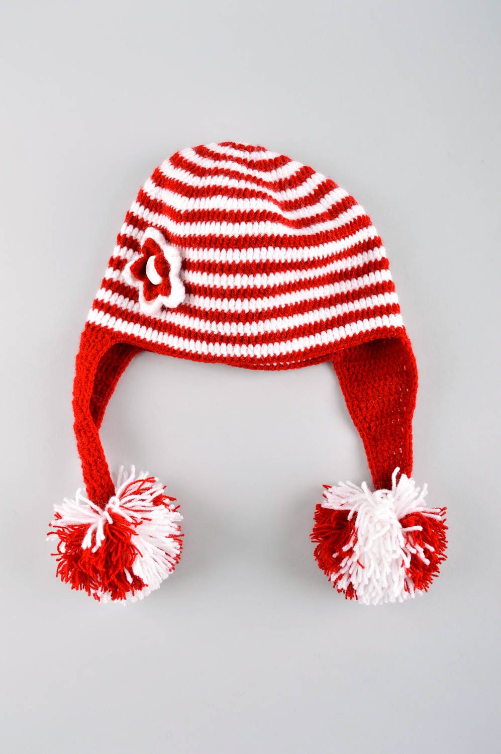 Chapeau rayé fait main Bonnet rouge et blanc à pompon Vêtement pour enfant  photo 5