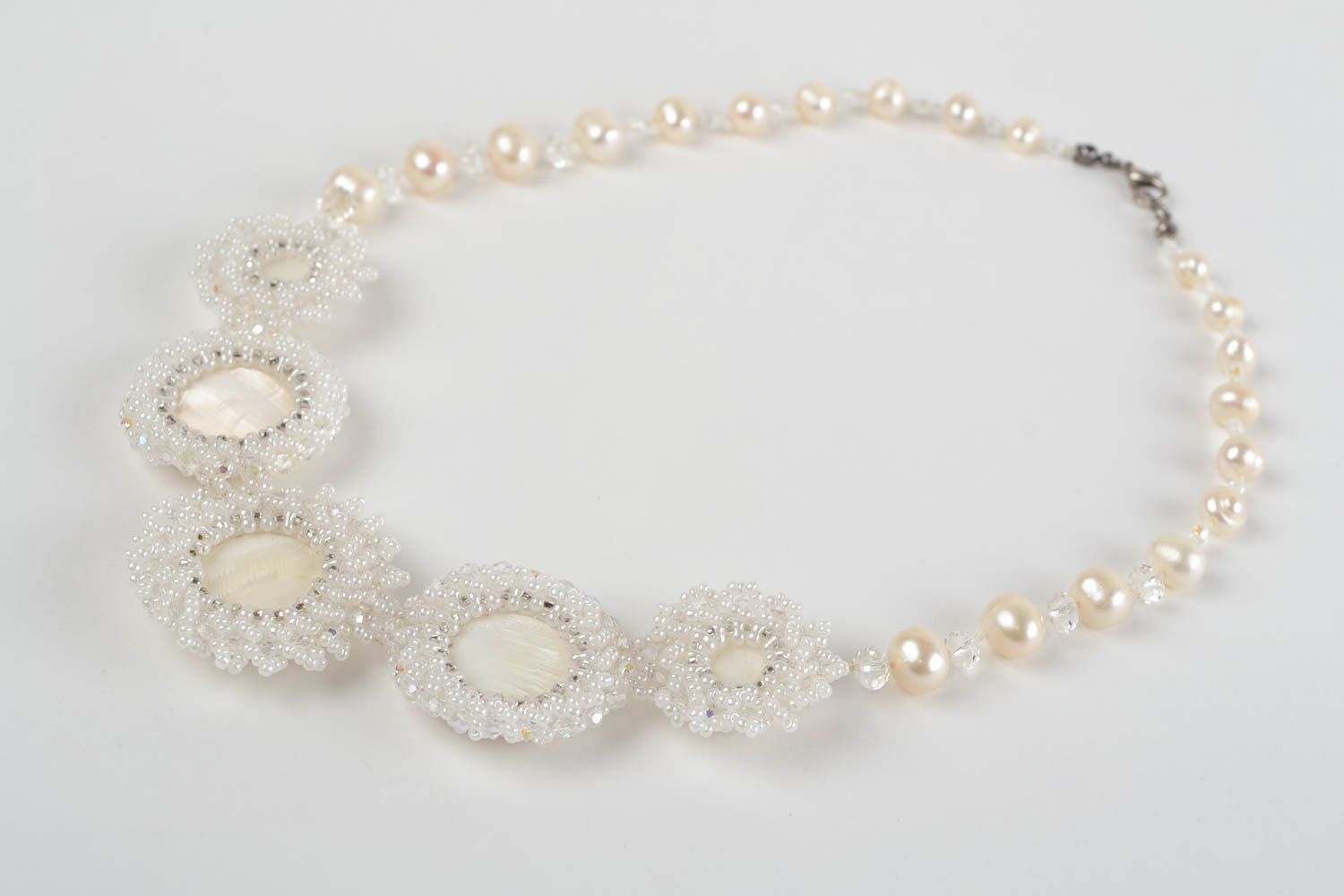 Beautiful white handmade necklace made of beads and natural stone Bride photo 3