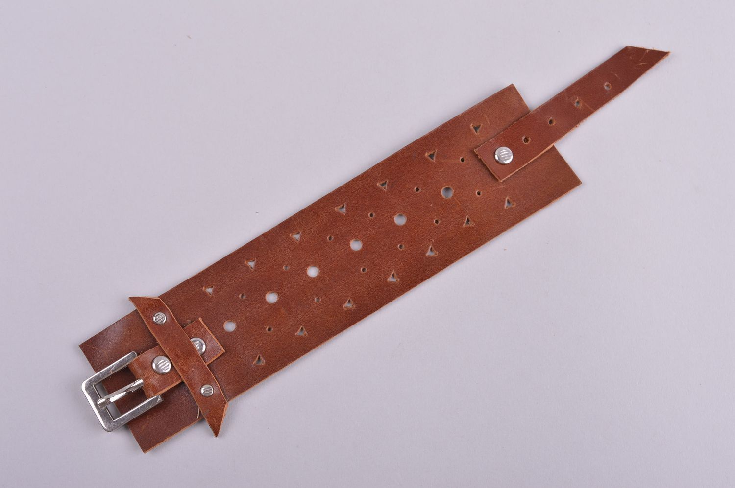 Handmade designer leather bracelet wide unisex bracelet cute brown jewelry photo 5