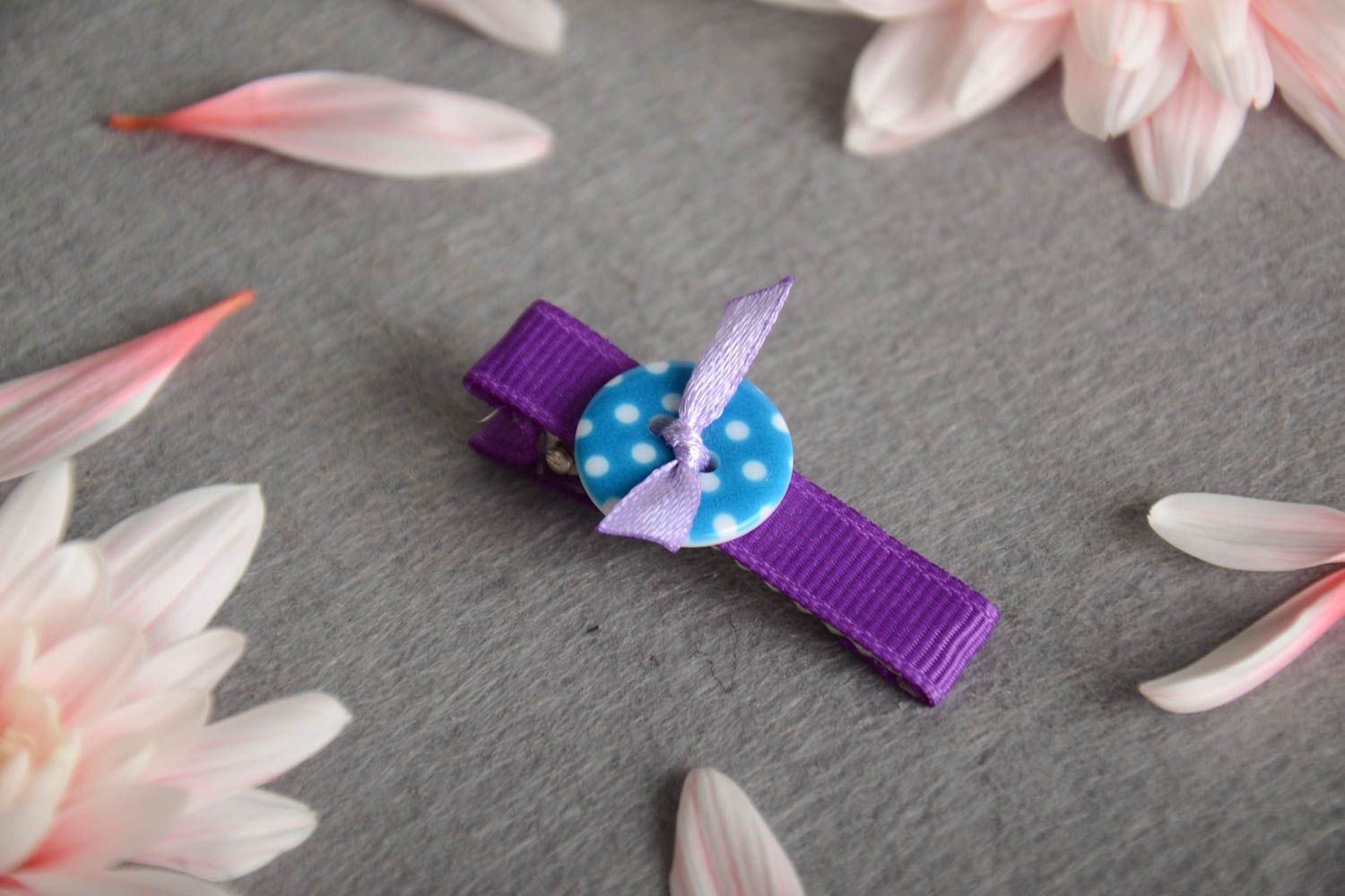 Purple hair clip made of rep ribbon with button for baby handmade barrette photo 1