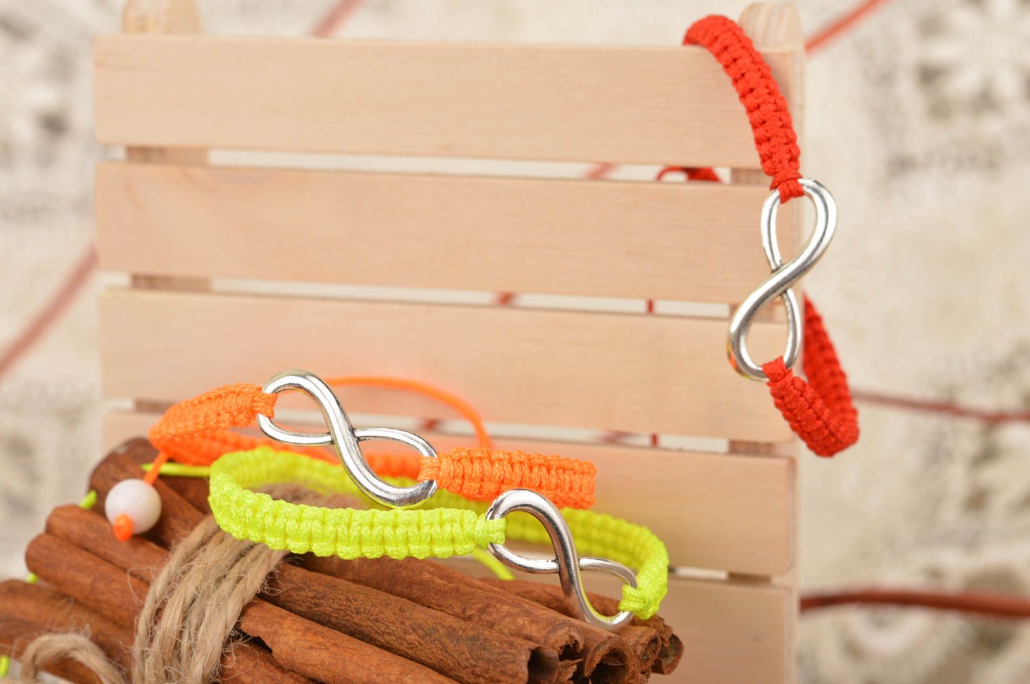 Set of 3 handmade designer thin wrist bracelets woven of silk threads with decor photo 1