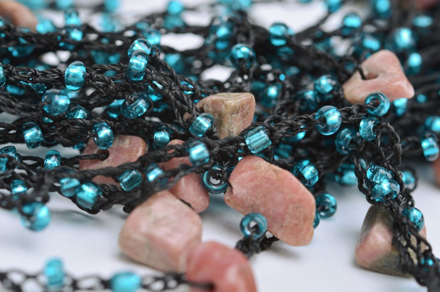 Handmade airy volume necklace woven of Czech beads and corals in dark colors photo 4