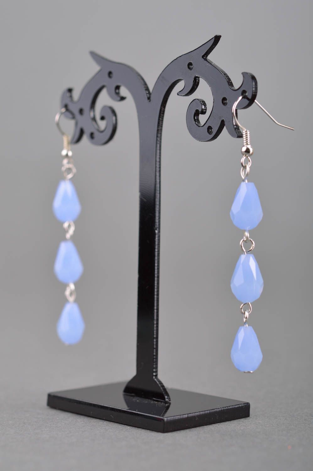 Designer handmade long dangle earrings with crystals in blue color palette photo 3
