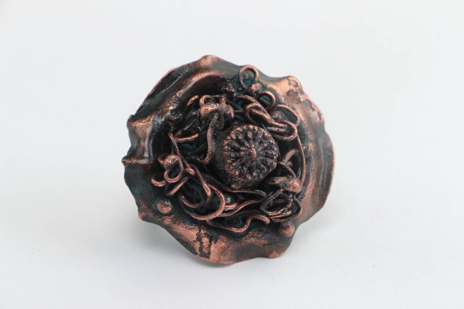 Beautiful handmade designer volume copper flower ring with galvanic coating photo 2