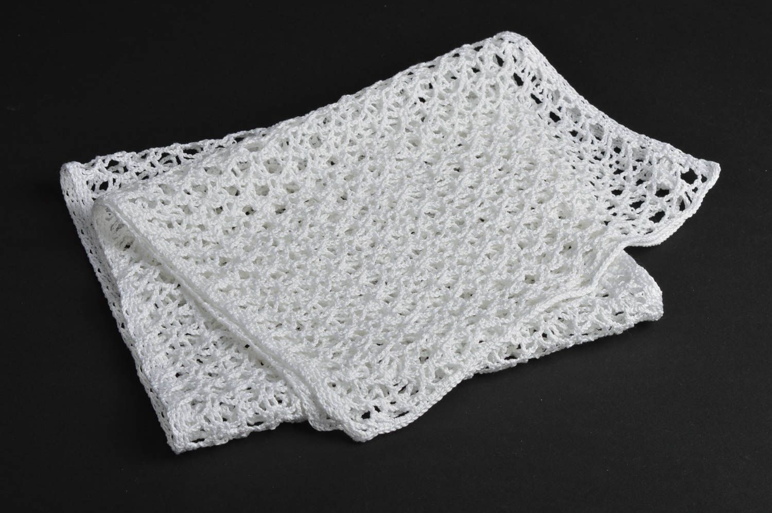Delicate handmade rectangular white doily crocheted of cotton yarns photo 5