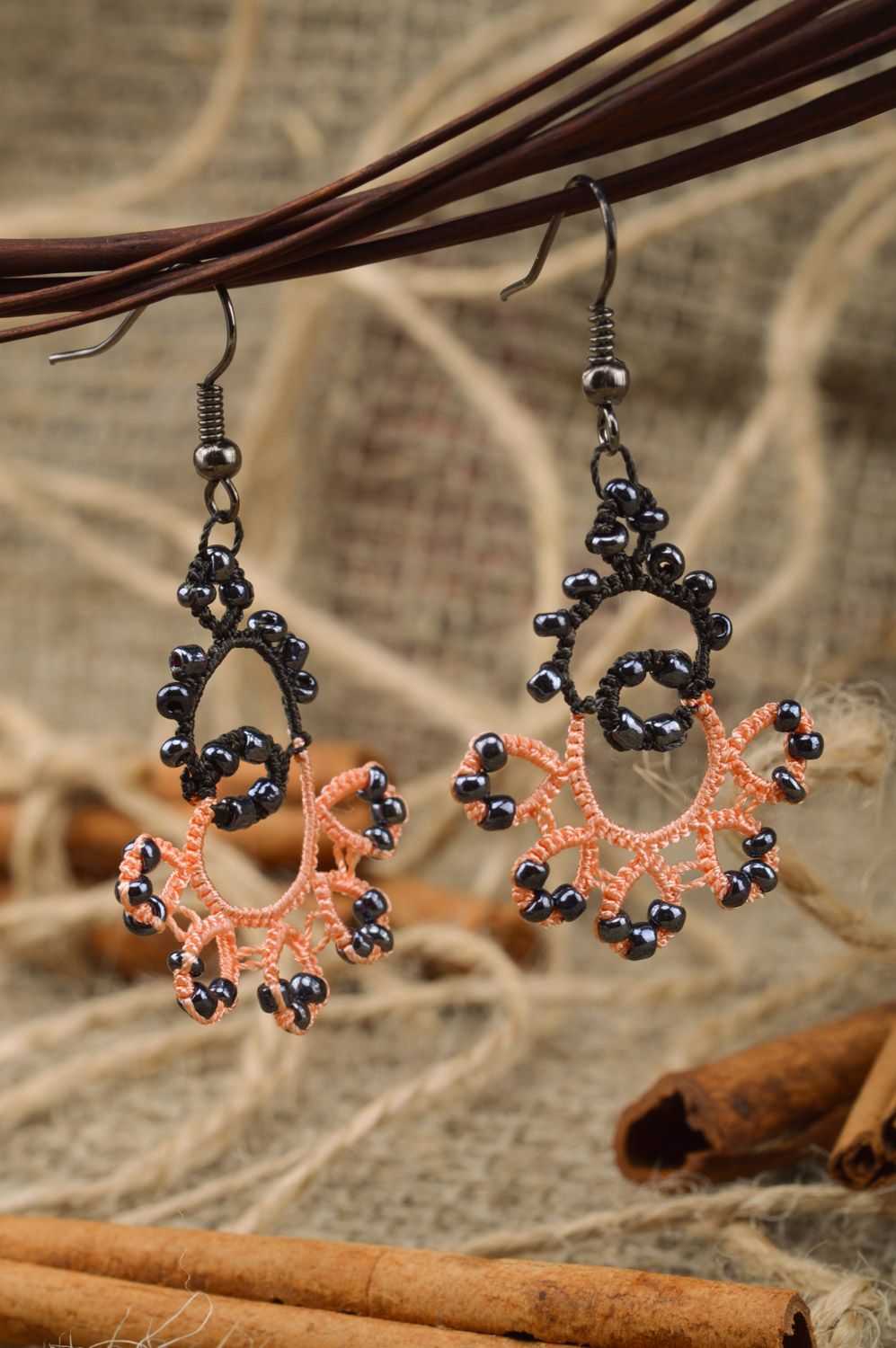 Hand woven bright evening tatting woven earrings of black and pink colors photo 1