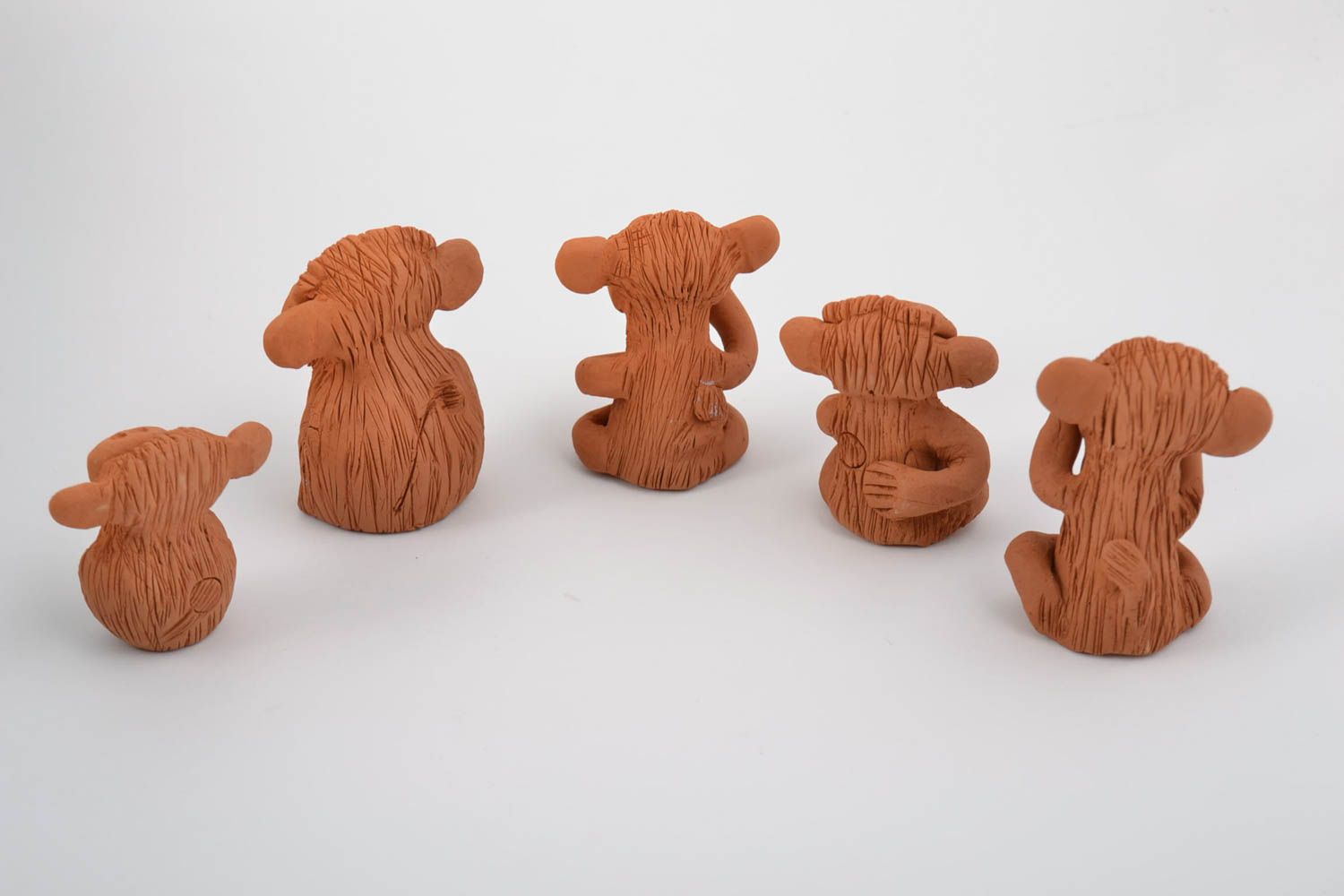 Statuettes made of clay monkeys set of 5 pieces ceramic funny handmade photo 3