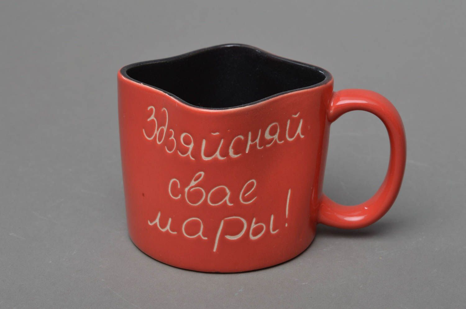 Handmade square shape natural clay coffee mug in red and black color photo 1