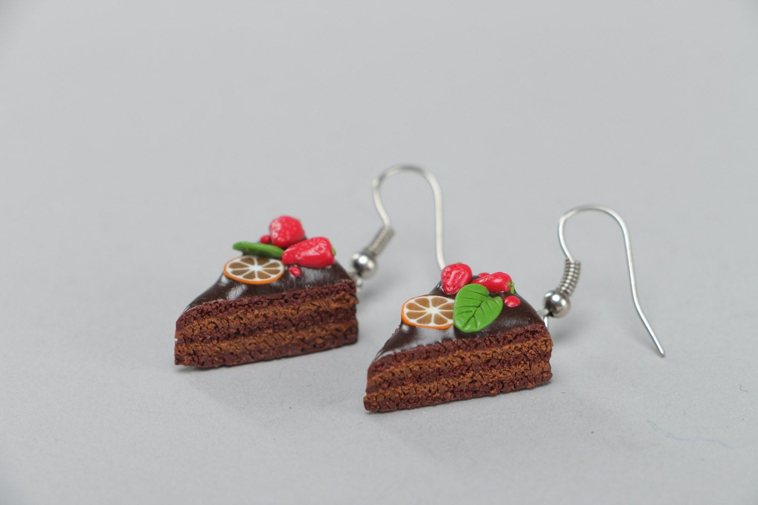 Handmade polymer clay earrings in the shape of pieces of brown cakes  photo 3