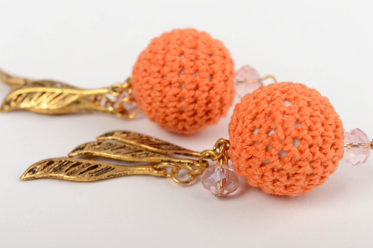 Handmade designer earrings with orange crocheted over beads and crystal glass photo 3