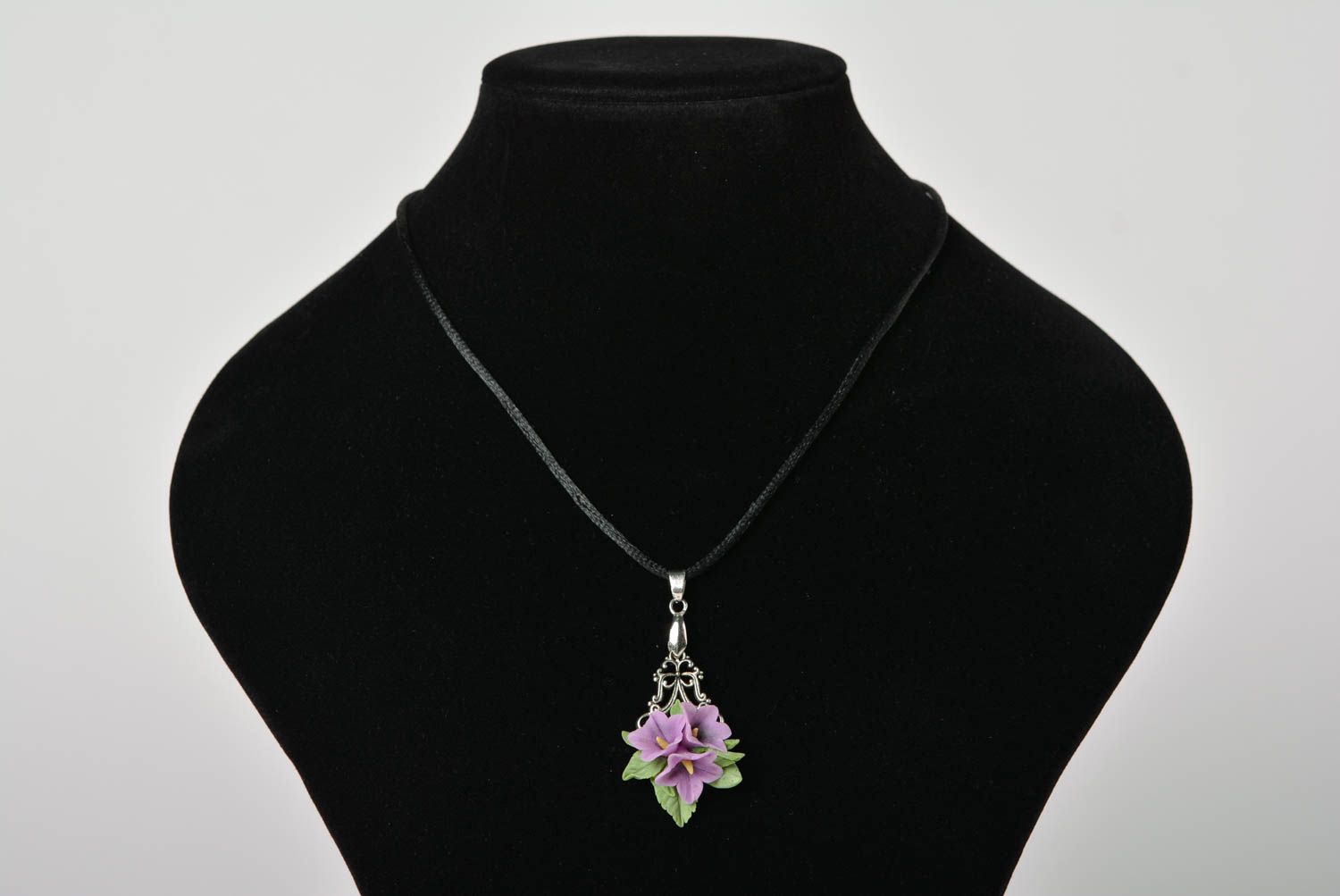 Lilac handmade designer plastic flower neck pendant volume photo 1