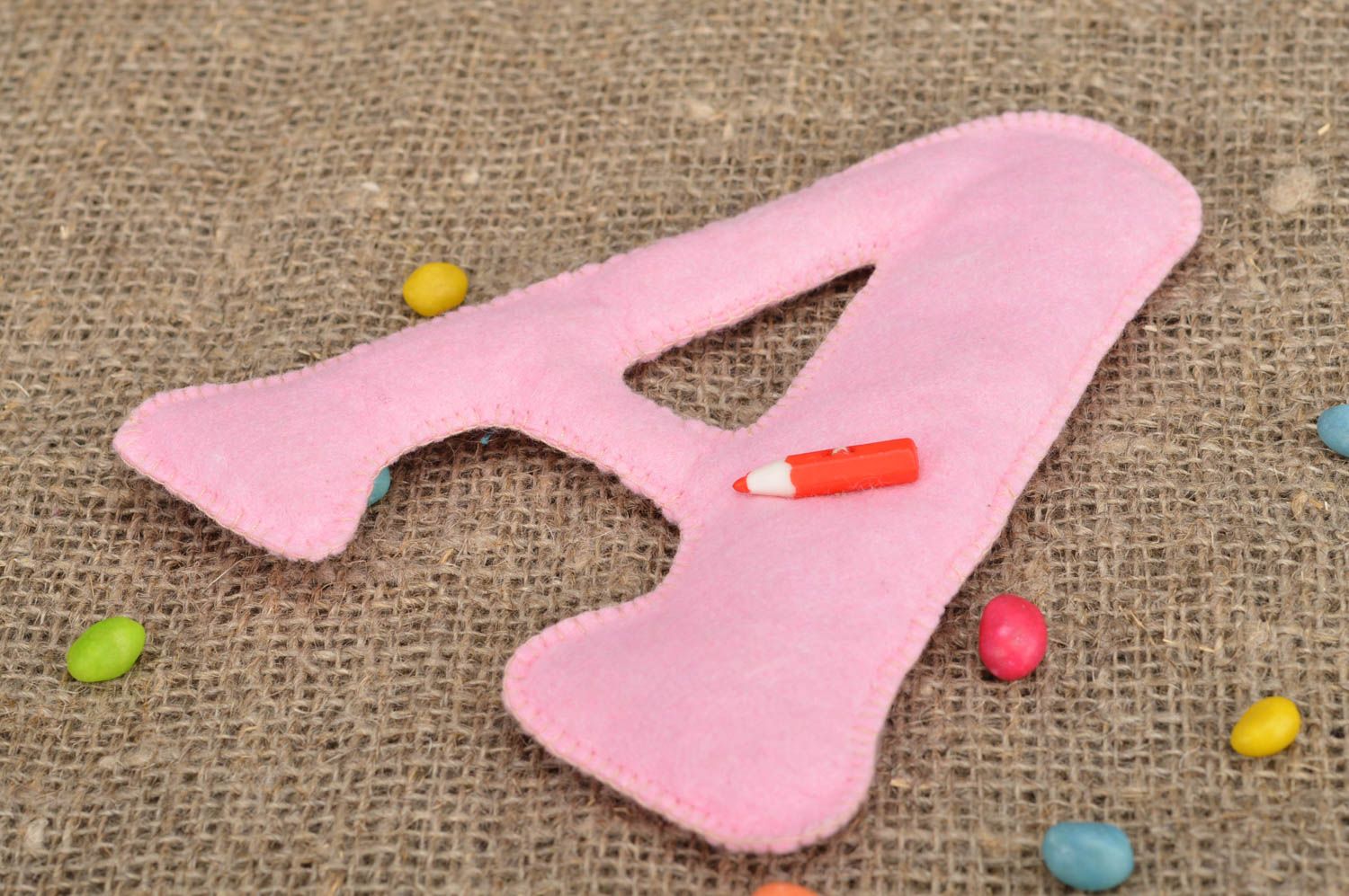 Pink handmade cute soft decorative letter A made of felt for home decor photo 1