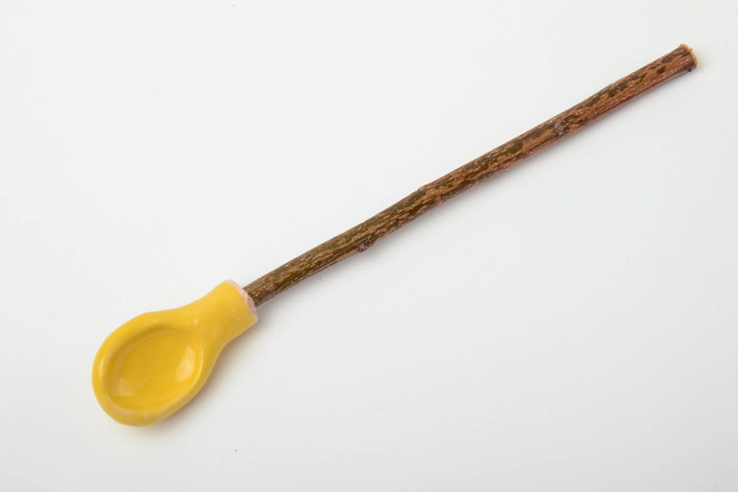 Handmade designer yellow clay spoon with apricot branch handle photo 2