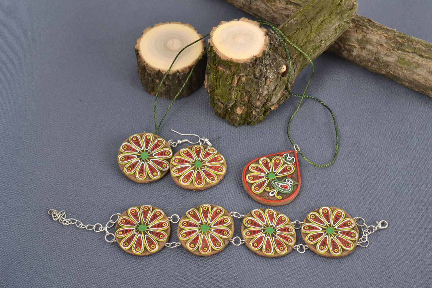 Set of handmade ceramic painted ethnic jewelry 3 items pendant earrings bracelet photo 1