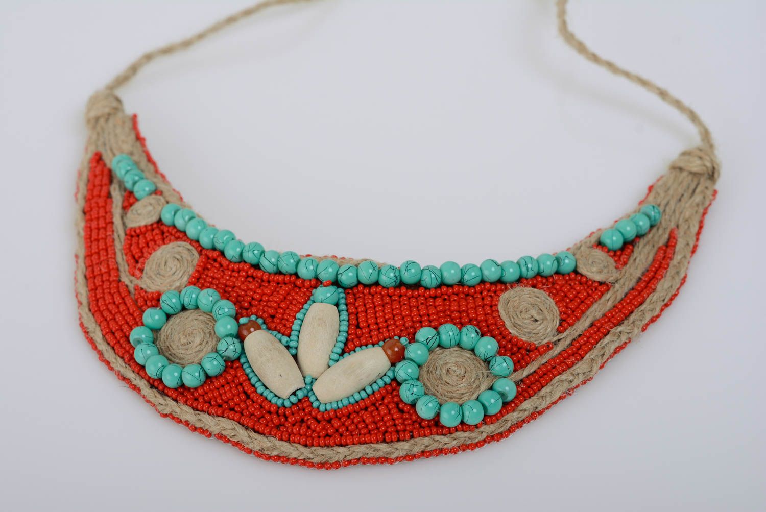 Handmade bead embroidered necklace with natural stones in turquoise and red colors photo 5