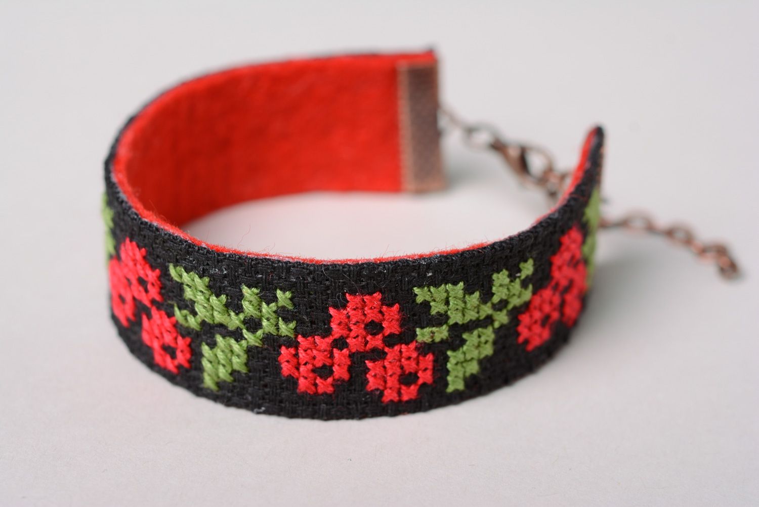 Handmade wrist bracelet with bright ethnic embroidery black background for women photo 2