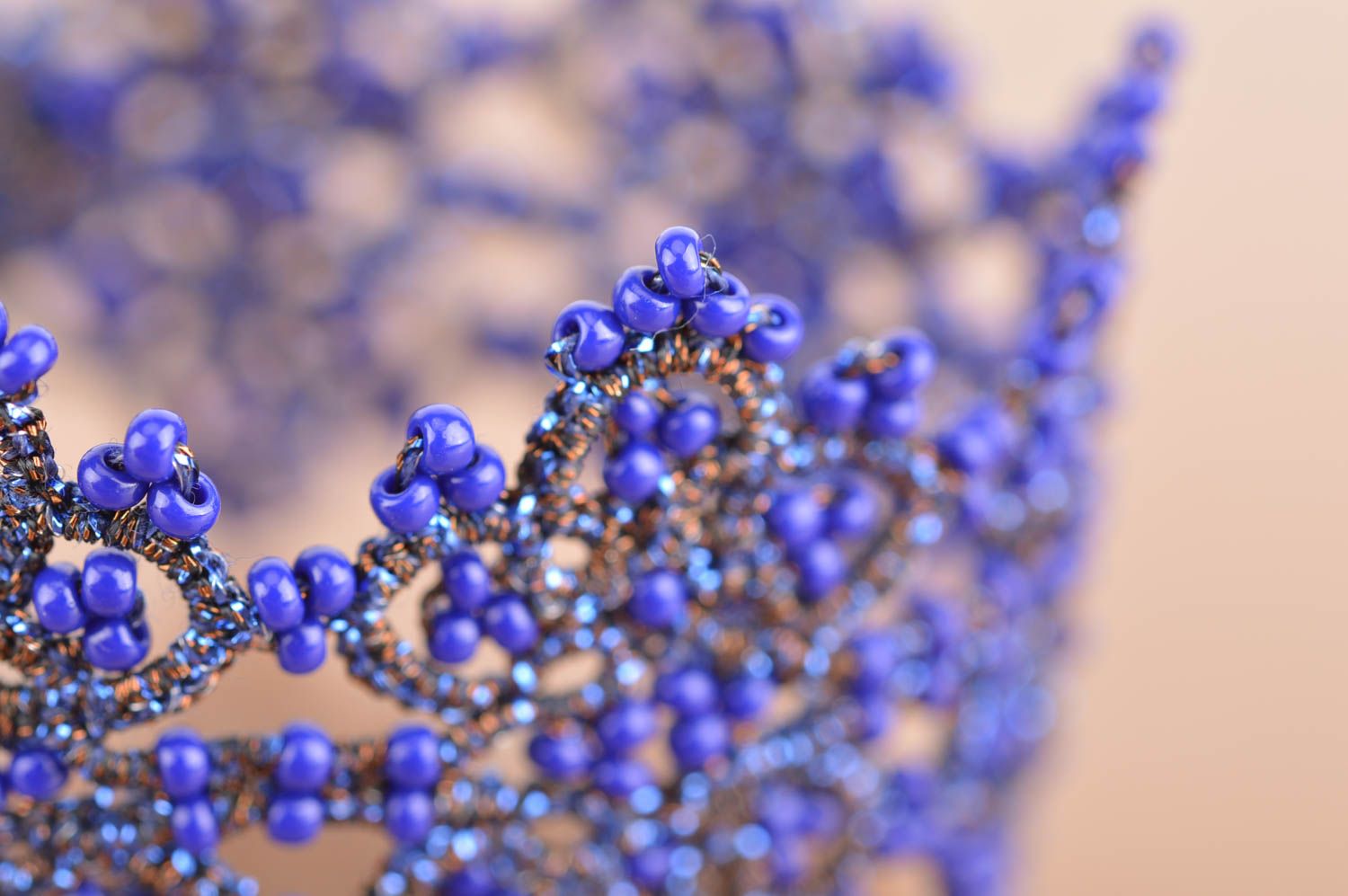 Handmade elegant designer woven lace tatting bracelet with beads blue wide photo 4