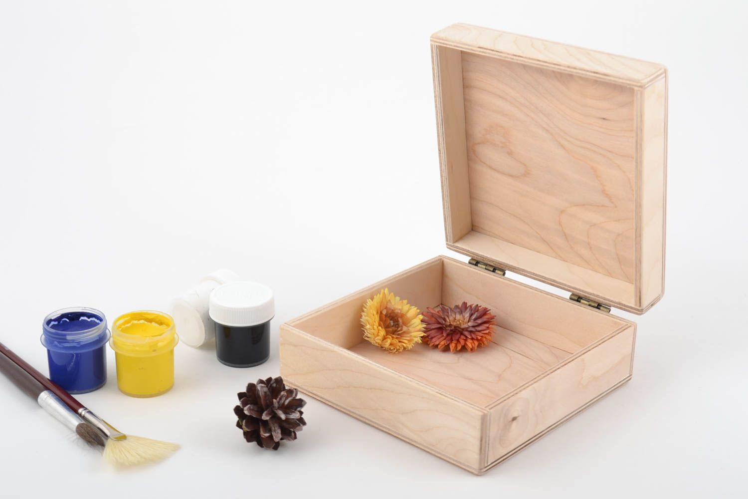 Boîte en bois brut à bijoux carrée faite main pour serviettage ou peinture photo 1