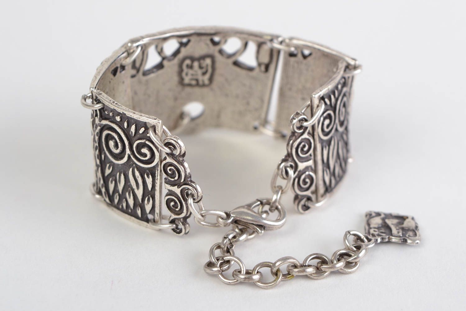 Handmade designer metal wide wrist bracelet with charms hypoallergenic photo 3