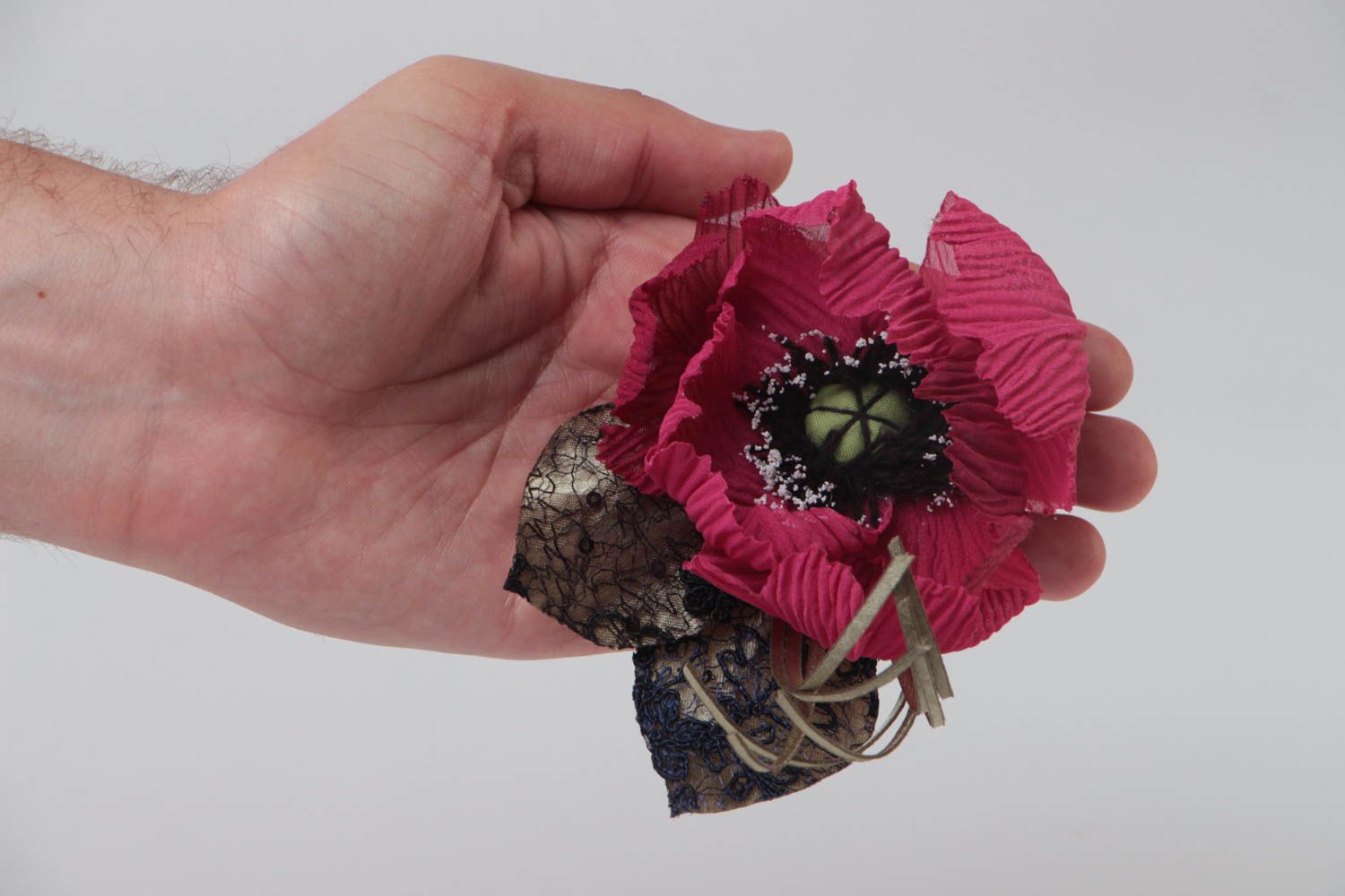 Broche barrette grande fleur de coquelicot en soie faite main originale photo 5