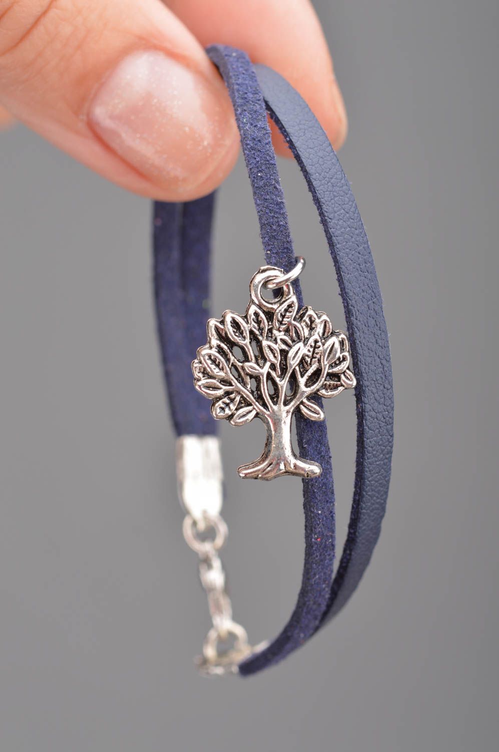 Handmade designer dark blue genuine leather wrist bracelet with metal charm Tree photo 2